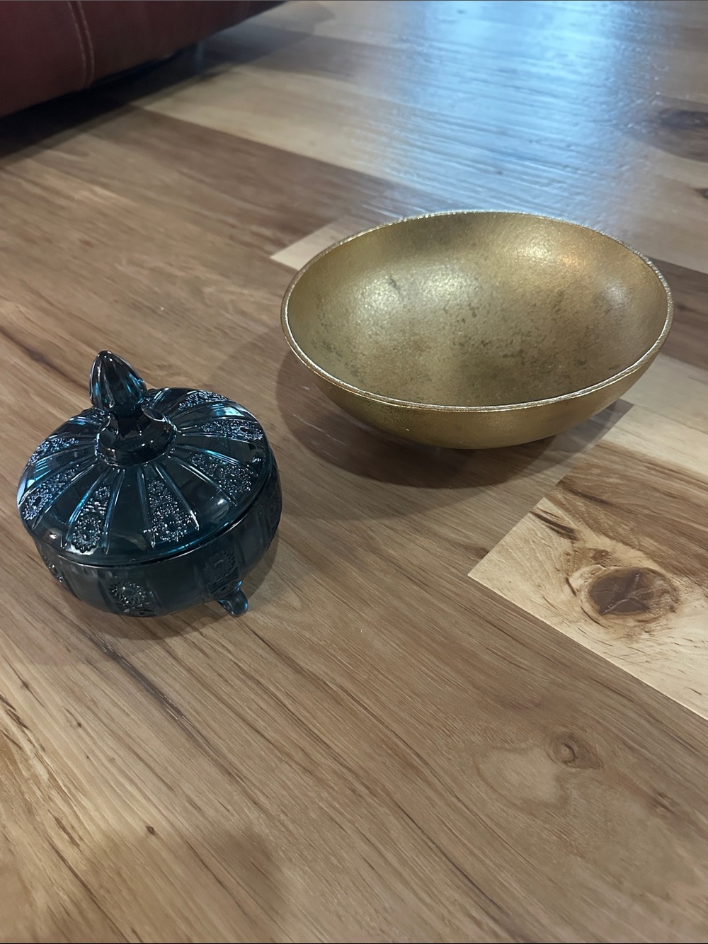 Blue Decorative Glass Trinket Jar & Gold Metal Bowl Set